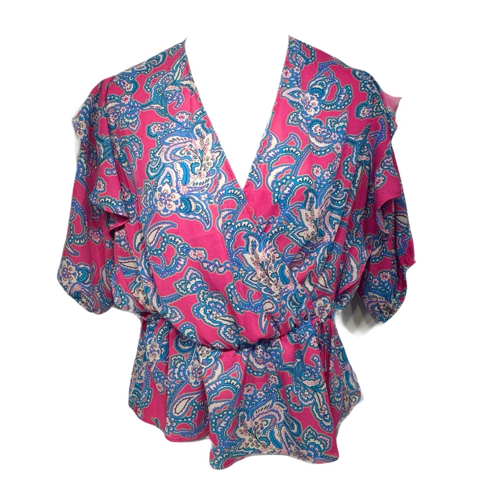 Pink & blue floral paisley peplum top, faux wrap, Floral & Ivy sz small
